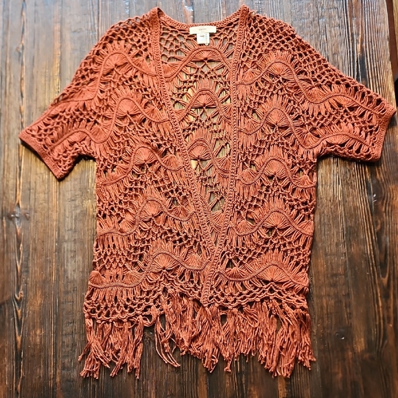 entro Sweaters - Entro Terracotta Crochet Cardigan with Fringe New Without Tags